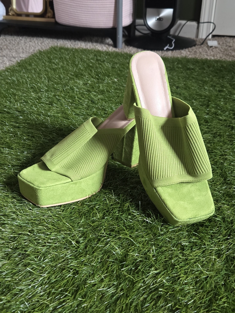 Green Platform Mule Heels - Women's Slip-On Sandals